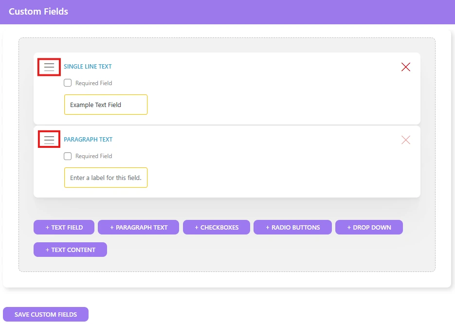 Custom Fields settings