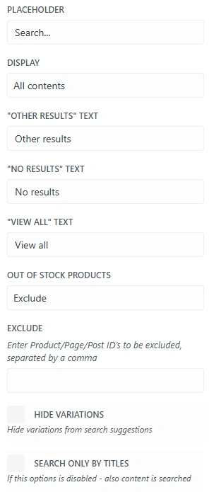 Ajax Search settings